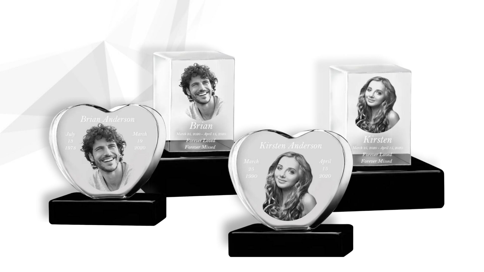 3D engraved crystals for memorializing a loved one.