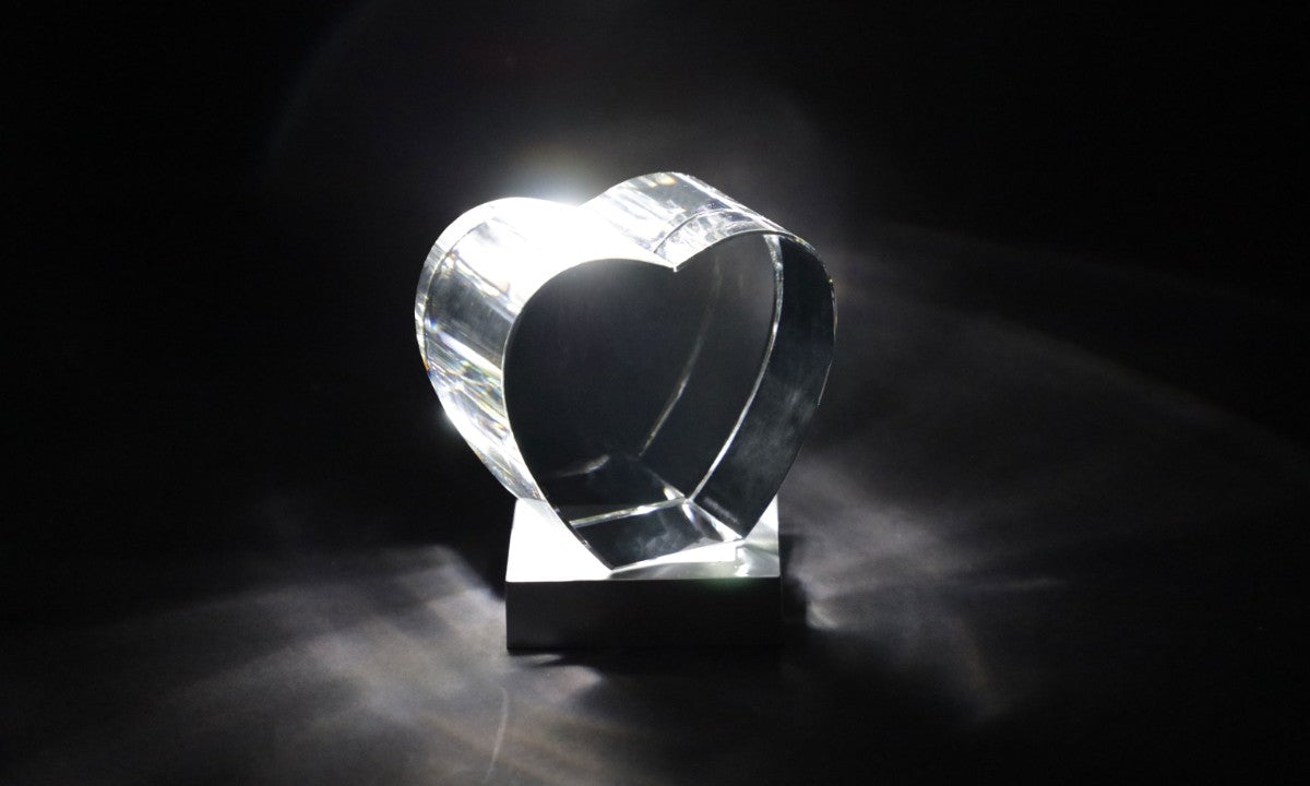 3D, heart shaped laser engraved glass cremation memorial.