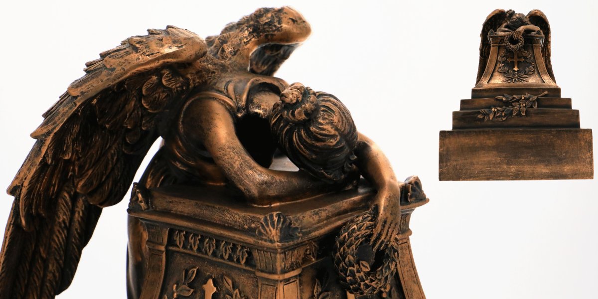 Bronze weeping angel cremation urn sculpture.