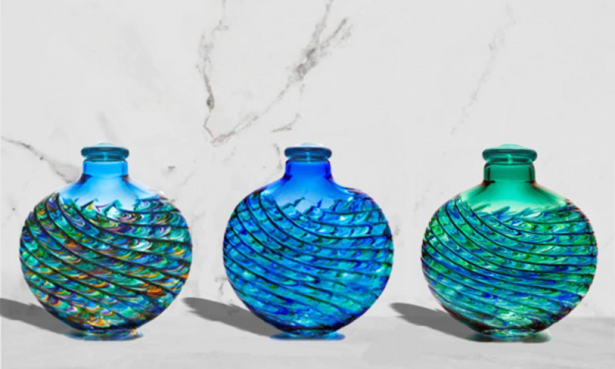 3 blue/green glass cremation art urns.