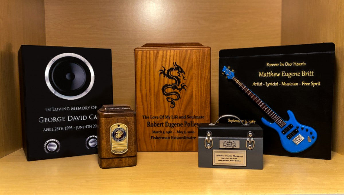 Variety of wooden cremation urns made by In The Light Urns.
