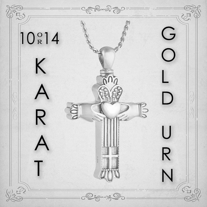 Claddagh Cross 10KT or 14KT White Gold Cremation Jewelry Urn - SHIPS NOW