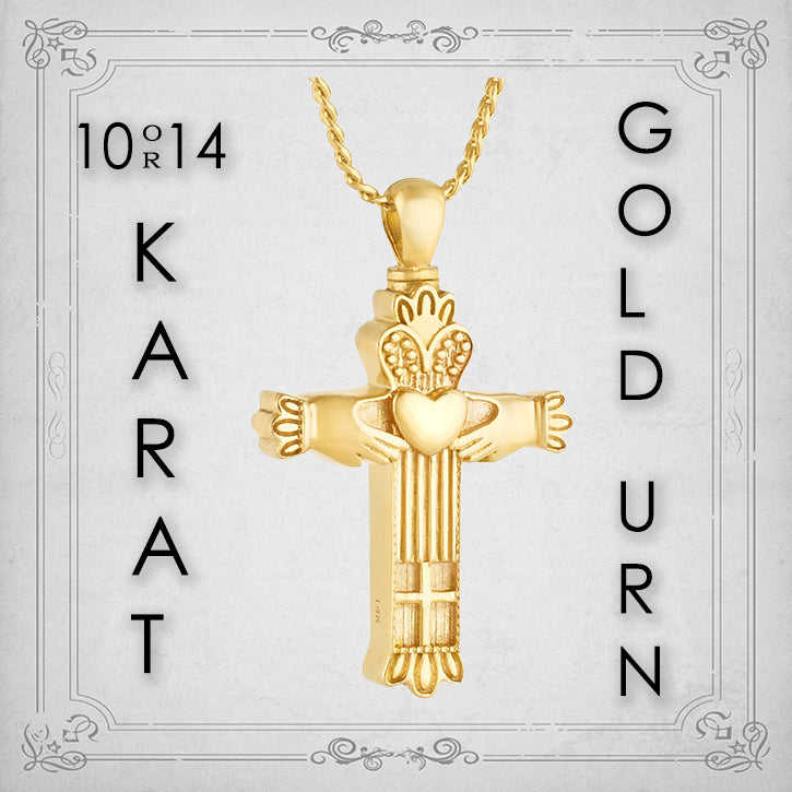 Claddagh Cross 10KT or 14KT Gold Cremation Jewelry Urn - SHIPS NOW