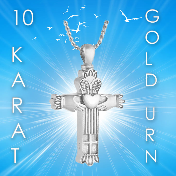 Claddagh Cross 10KT or 14KT White Gold Cremation Jewelry Urn - SHIPS NOW