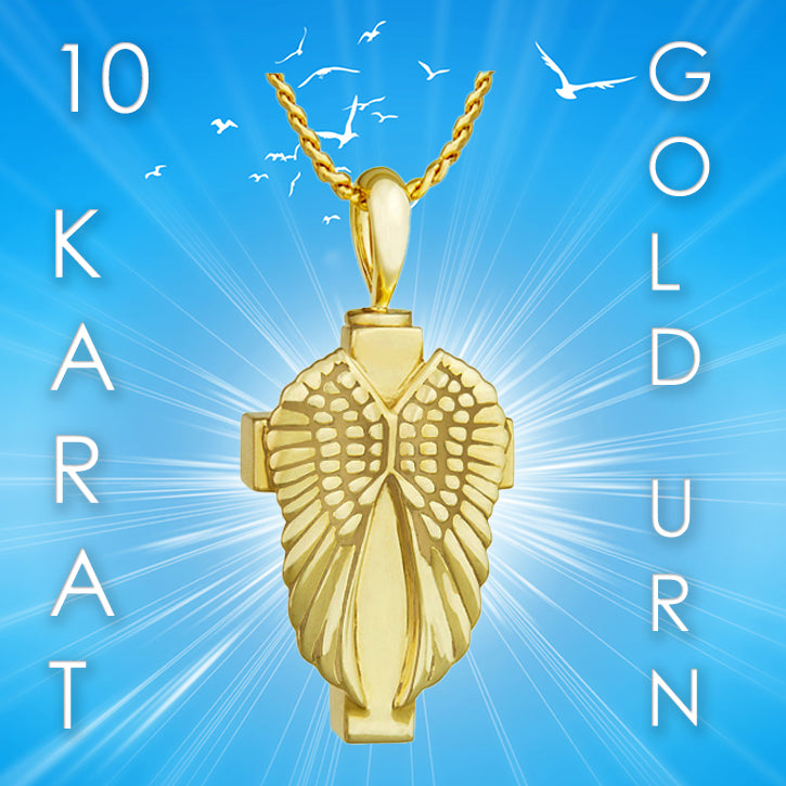 Cross Angel Wings 10KT or 14KT Gold Cremation Jewelry Urn - SHIPS NOW