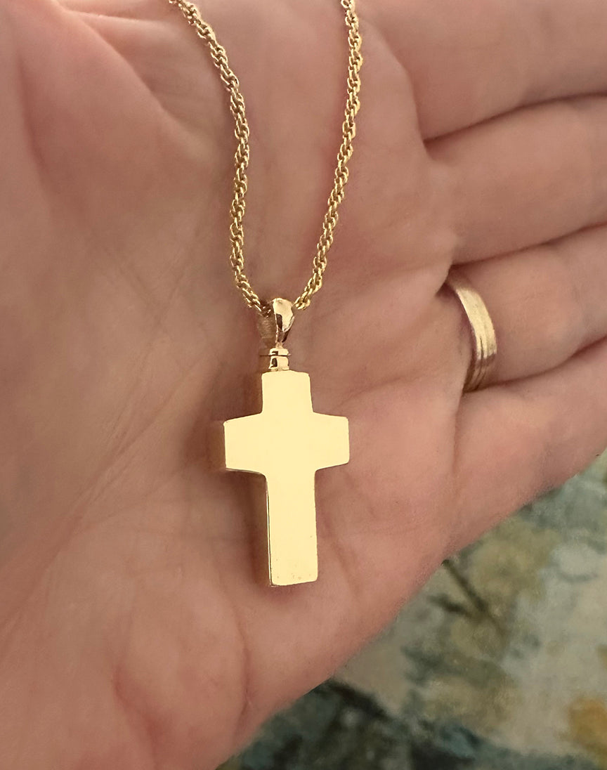 Memorial Cross 14KT Gold CZ Reversible Cremation Jewelry Urn - SHIPS NOW