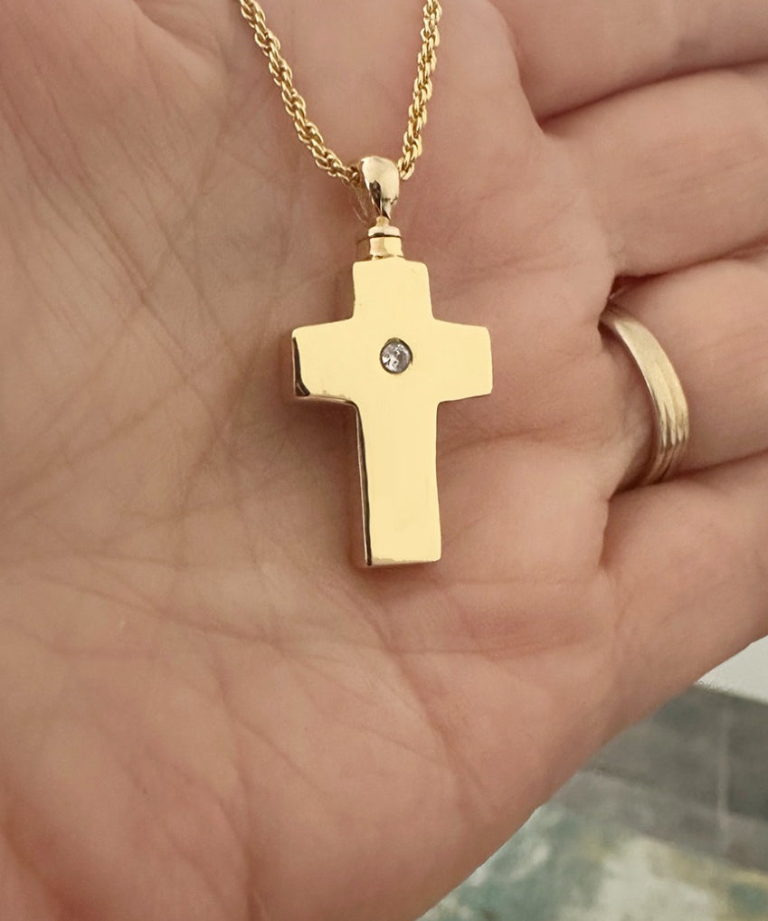 Memorial Cross 14KT Gold CZ Reversible Cremation Jewelry Urn - SHIPS NOW