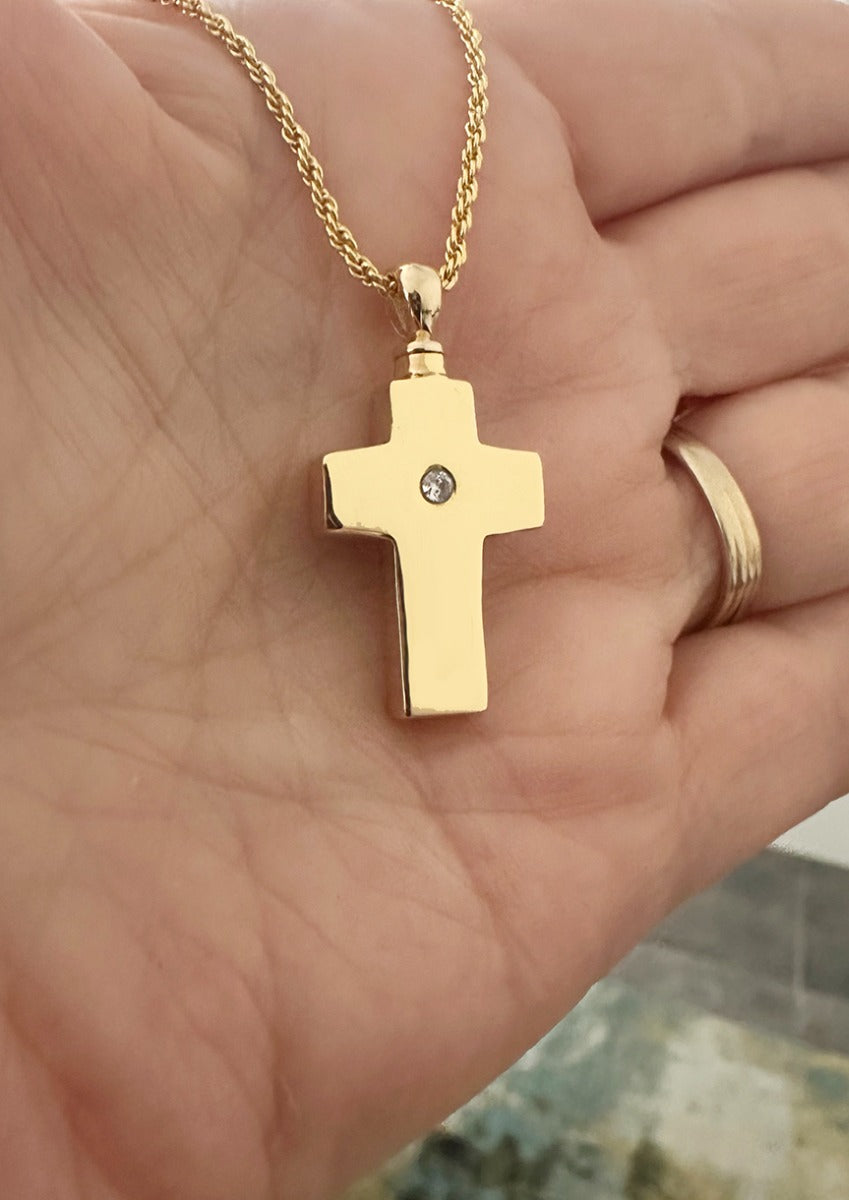 Memorial Cross 14KT Gold CZ Reversible Cremation Jewelry Urn - SHIPS NOW