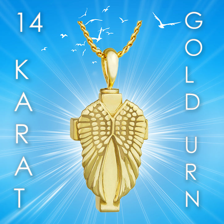 Cross Angel Wings 10KT or 14KT Gold Cremation Jewelry Urn - SHIPS NOW
