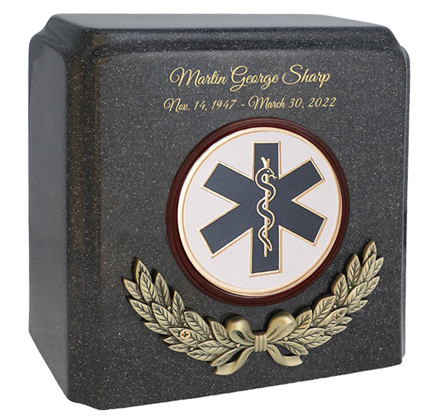 Wreath 17 Medallions Granite Cremation Urn - Choose White or Black