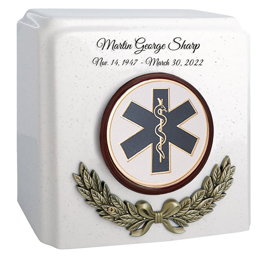 Wreath 17 Medallions Granite Cremation Urn - Choose White or Black