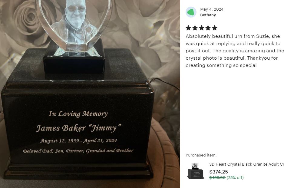3D Heart Crystal Black Granite Large Adult Cremation Urn