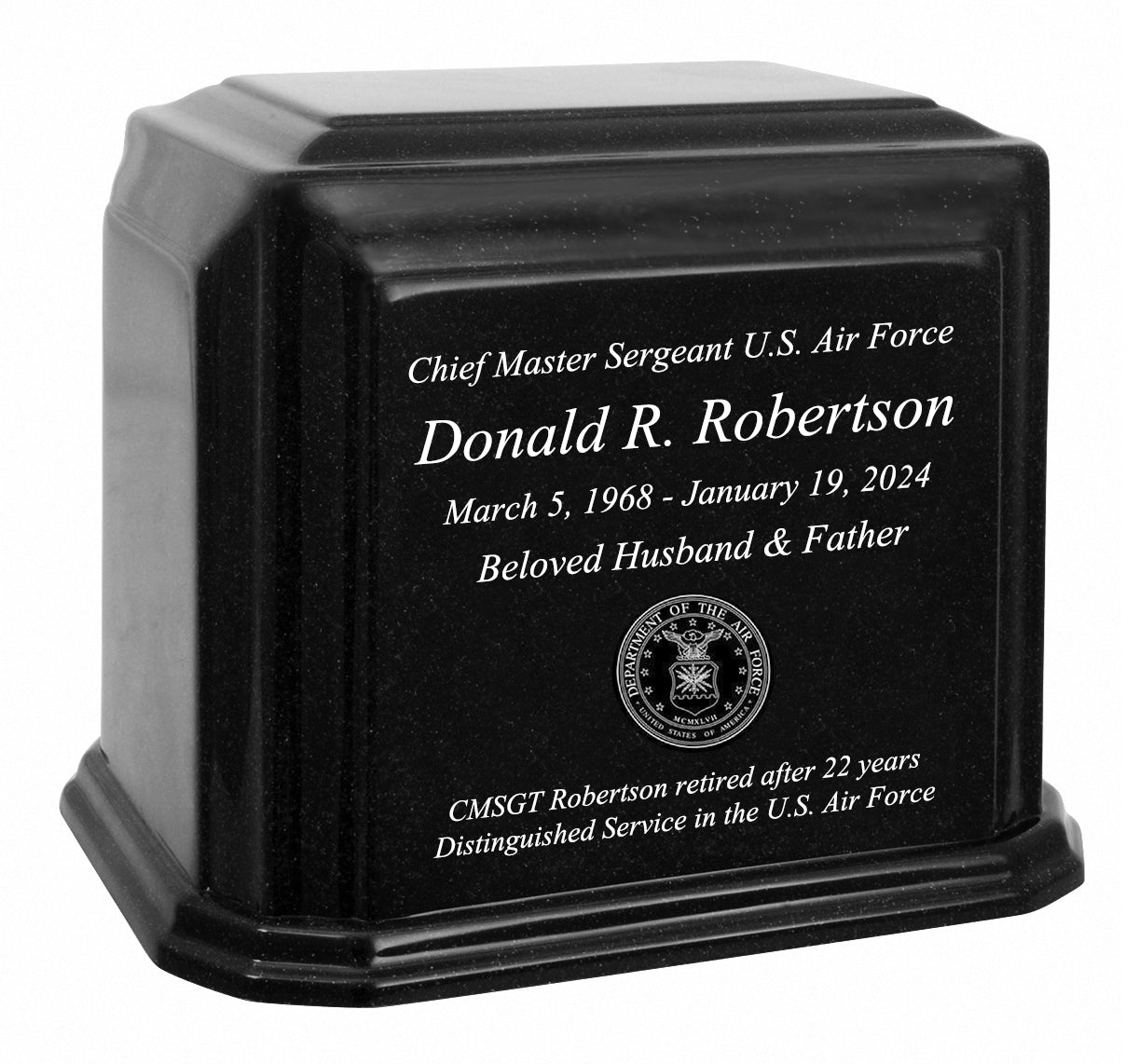 U.S. Air Force 3D Diamond Crystal Black Monarch Granite Adult Urn