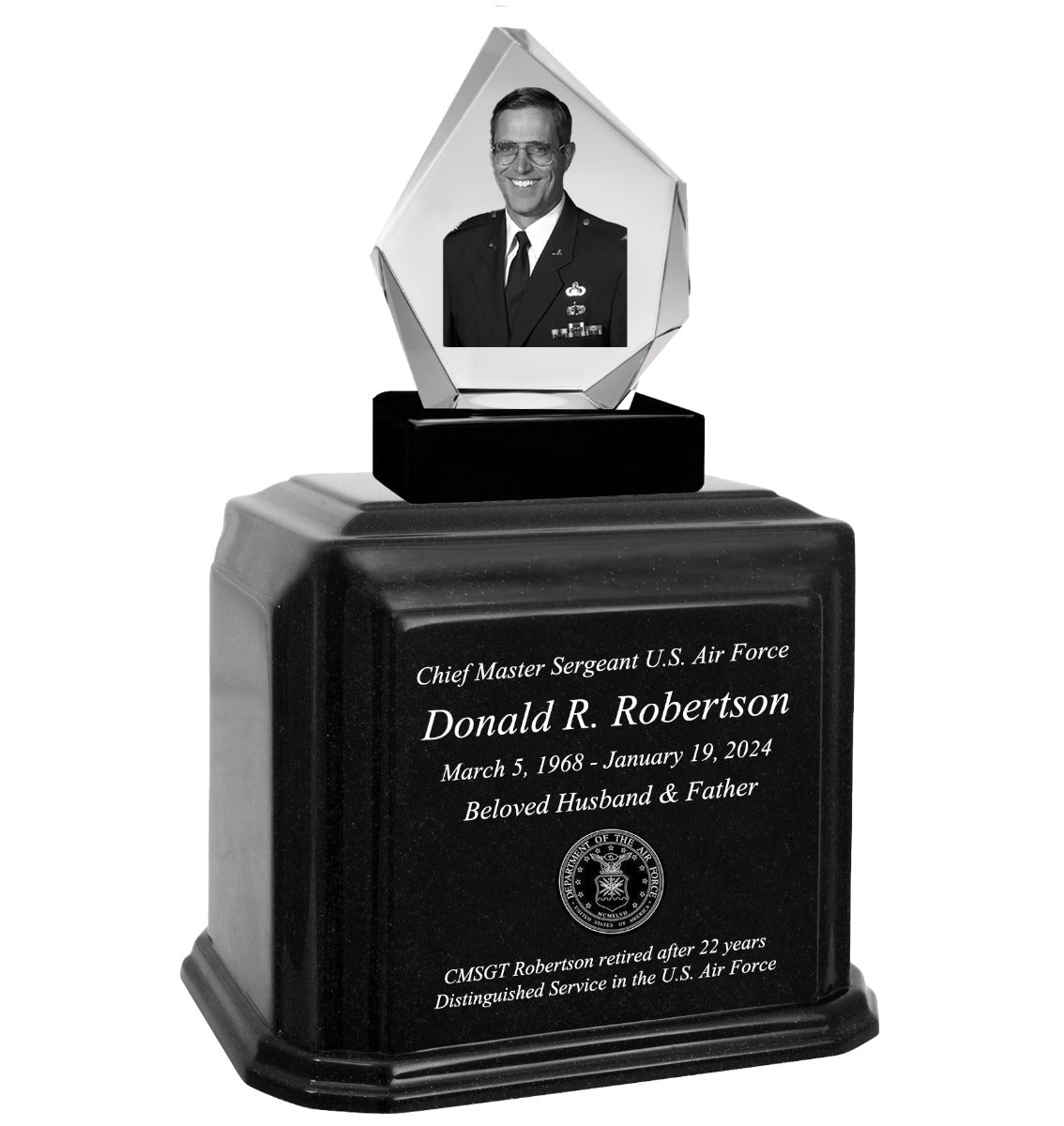 U.S. Air Force Corps 3D Diamond Crystal Black Monarch Granite Adult Urn