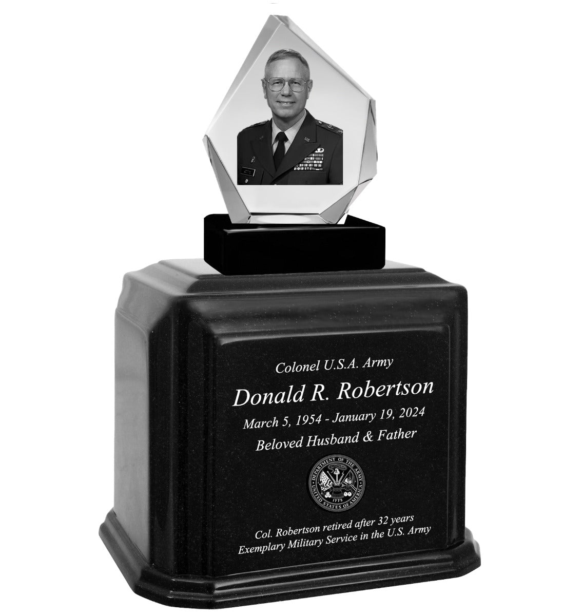 US Army 3D Diamond Crystal Black Monarch Granite Adult Urn
