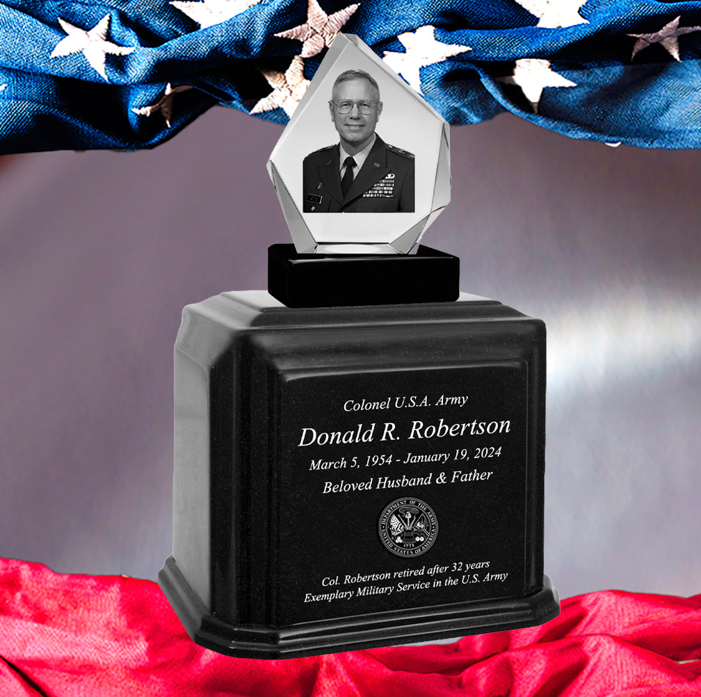 US Army 3D Diamond Crystal Black Monarch Granite Adult Urn