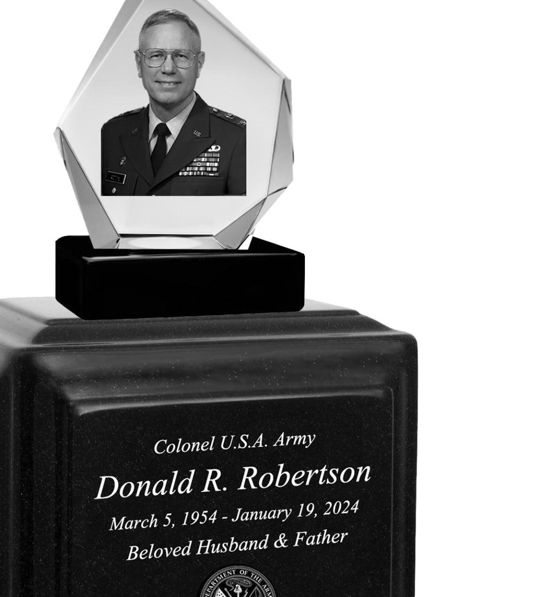 US Army 3D Diamond Crystal Black Monarch Granite Adult Urn