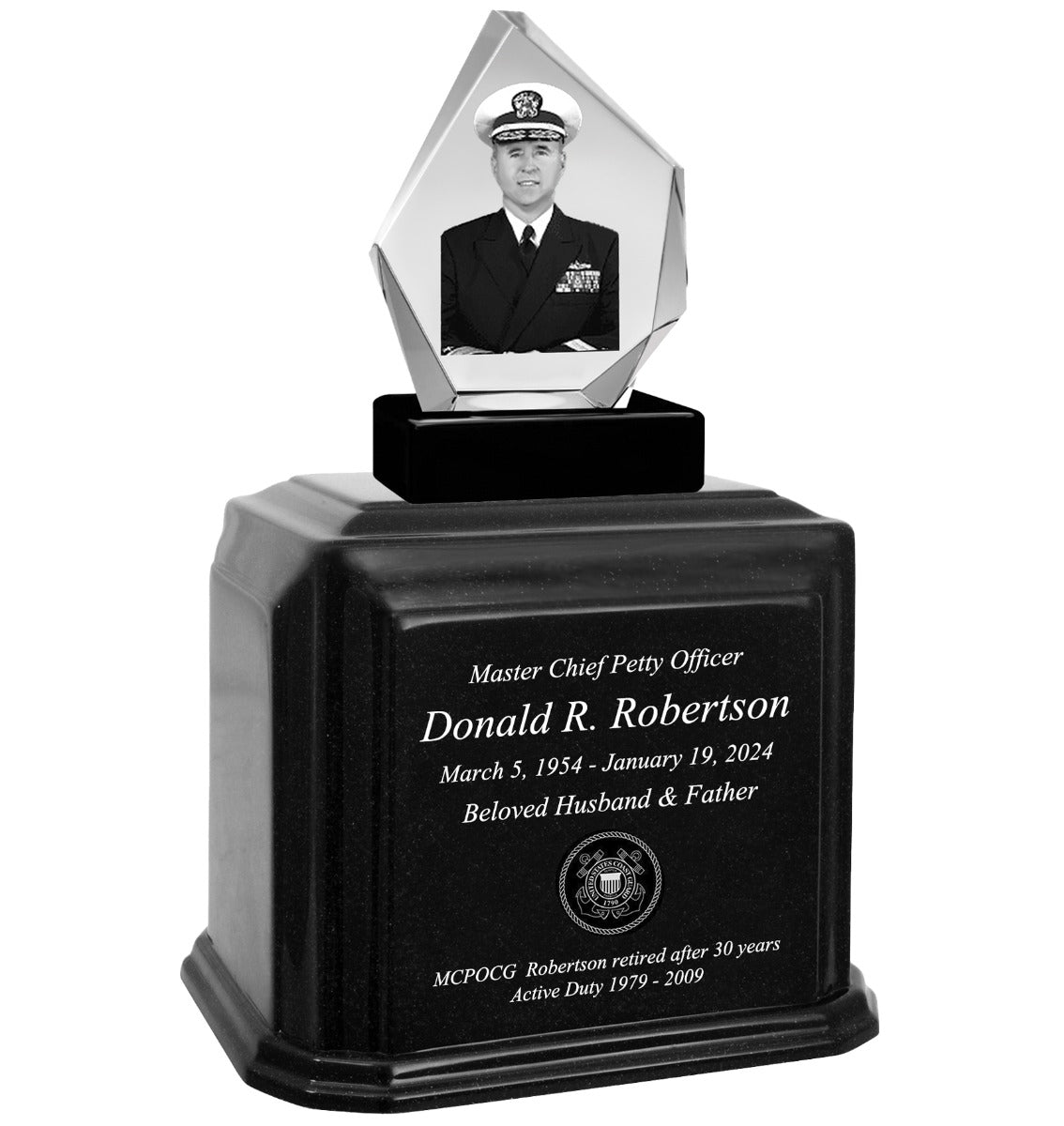 US Coast Guard 3D Diamond Crystal Black Monarch Granite Adult Urn