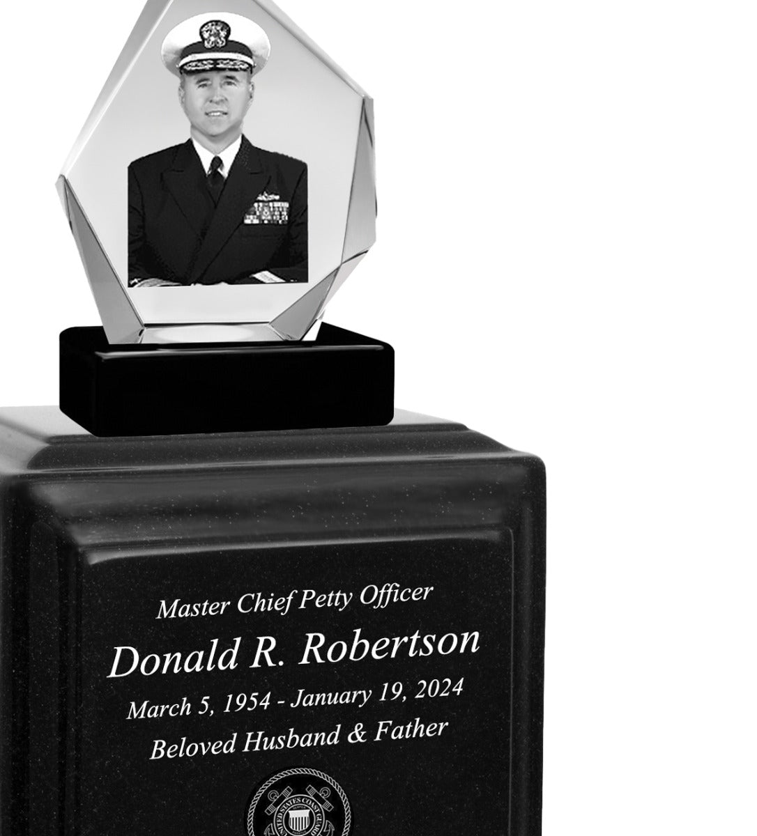 US Coast Guard 3D Diamond Crystal Black Monarch Granite Adult Urn