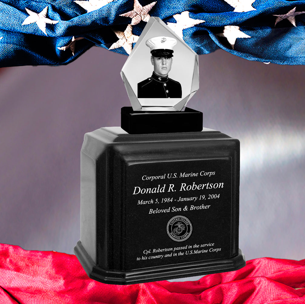 U.S. Marine Corps 3D Diamond Crystal Black Monarch Granite Adult Urn