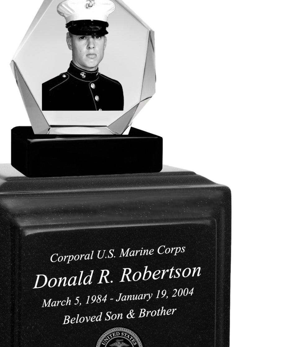 U.S. Marine Corps 3D Diamond Crystal Black Monarch Granite Adult Urn