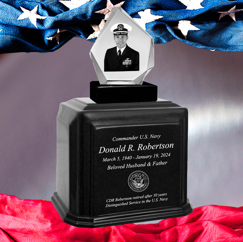 US Coast Guard 3D Diamond Crystal Black Monarch Granite Adult Urn