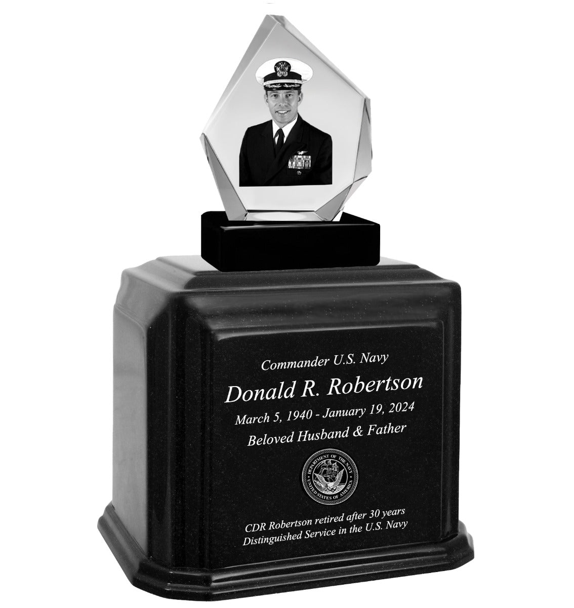 US Navy 3D Diamond Crystal Black Monarch Granite Adult Urn