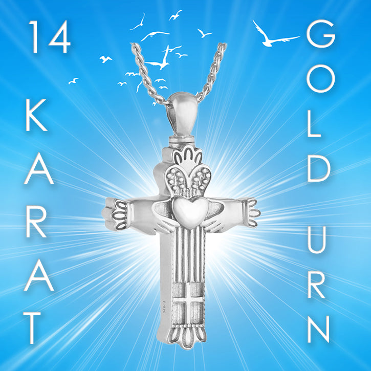 Claddagh Cross 10KT or 14KT White Gold Cremation Jewelry Urn - SHIPS NOW