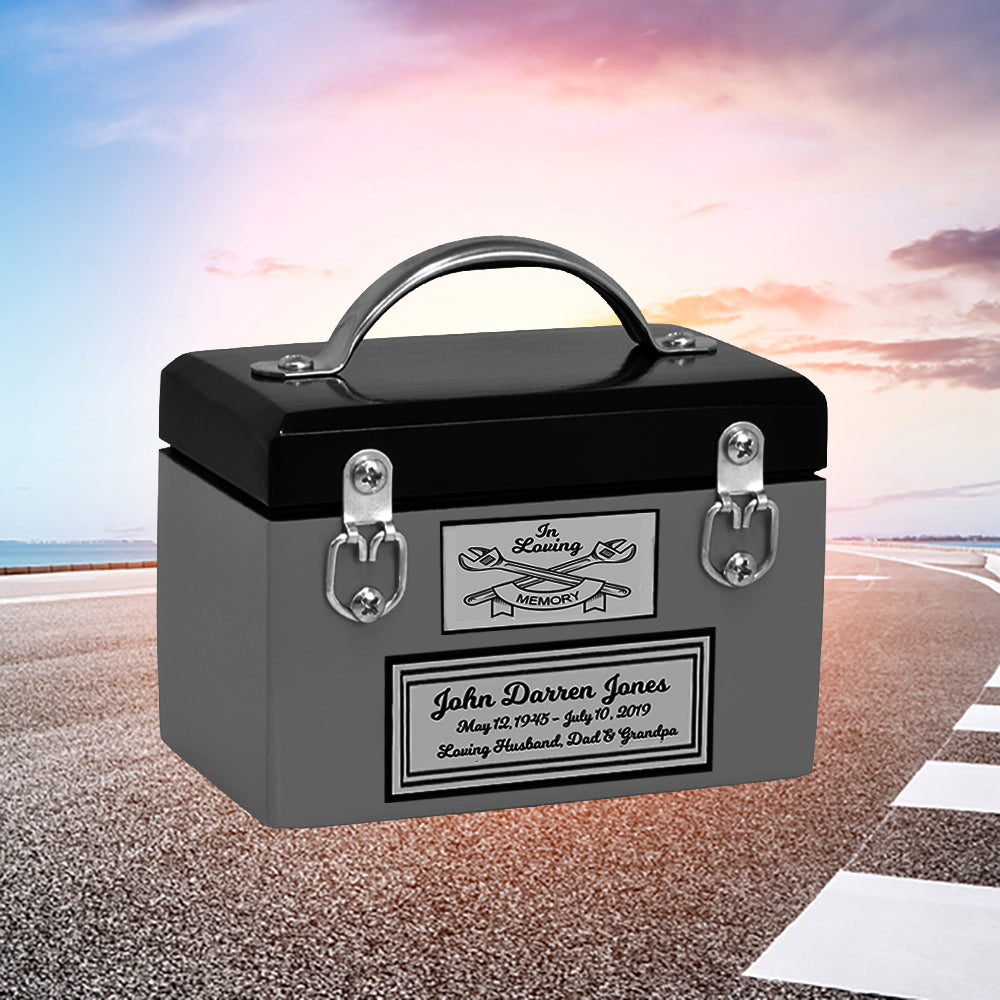 Toolbox Gray Keepsake Urn -  Free Crossed Wrenches or Hammers Plate 