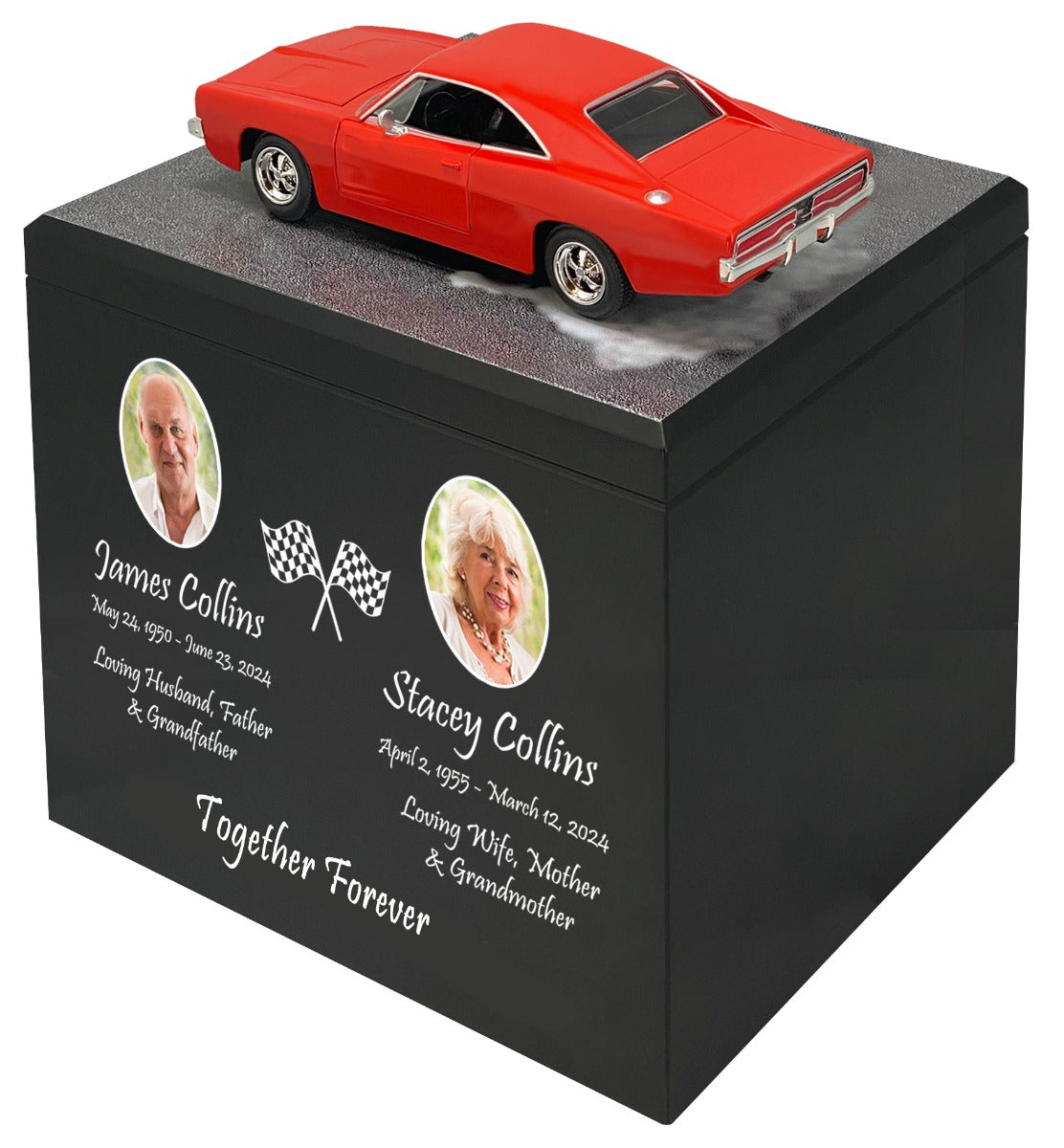 Race Track Companion Cremation Urn & 1969 Dodge Charger R/T Décor - With Photos