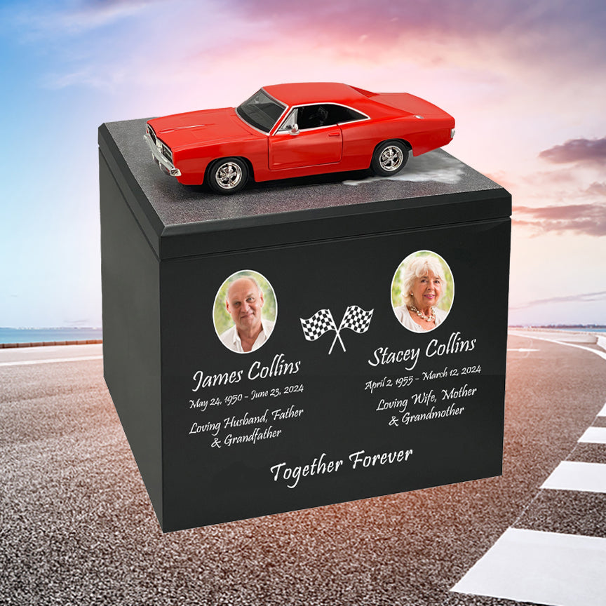 Race Track Companion Cremation Urn & 1969 Dodge Charger R/T Décor - With Photos