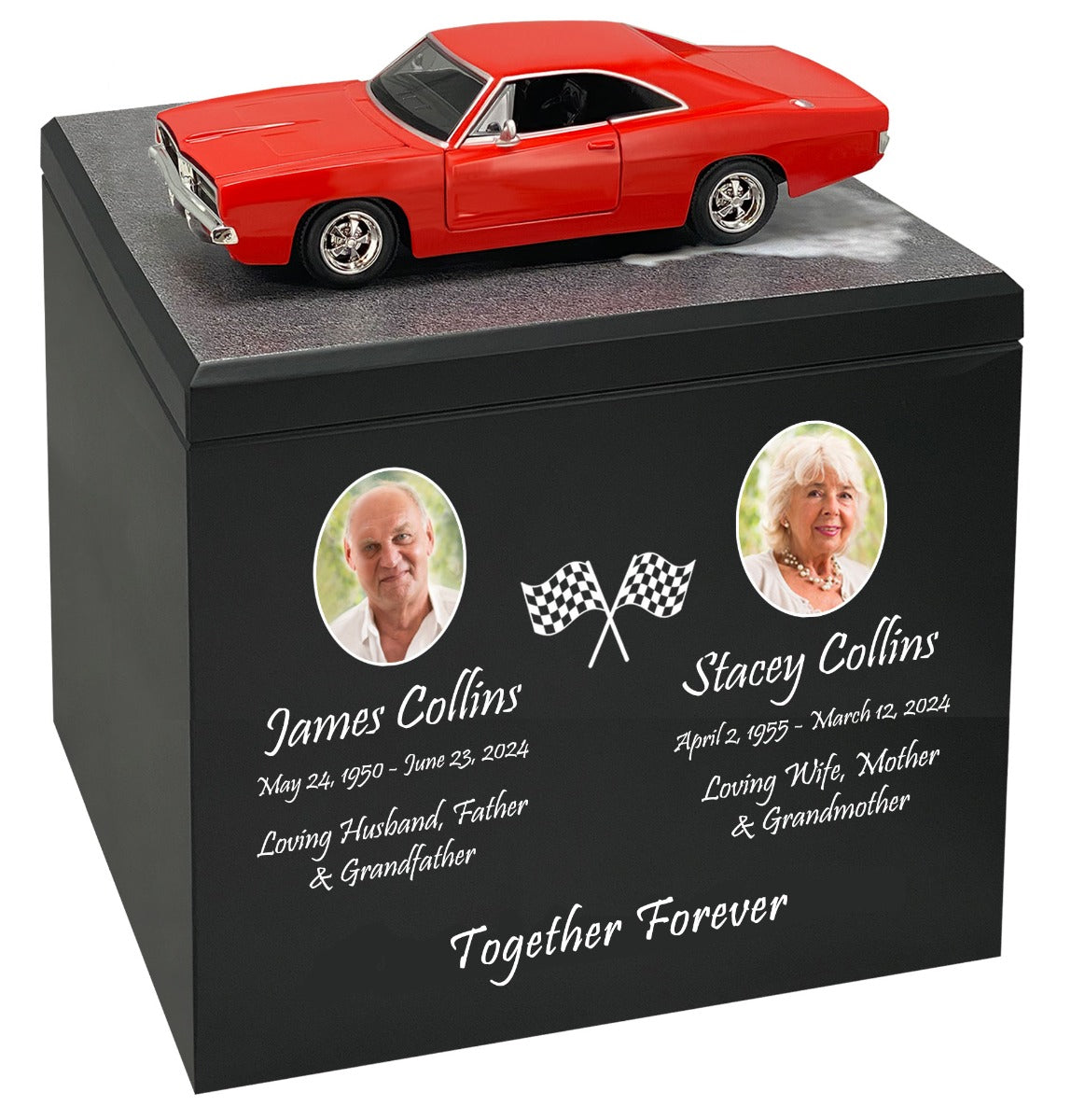 Race Track Companion Cremation Urn & 1969 Dodge Charger R/T Décor - With Photos