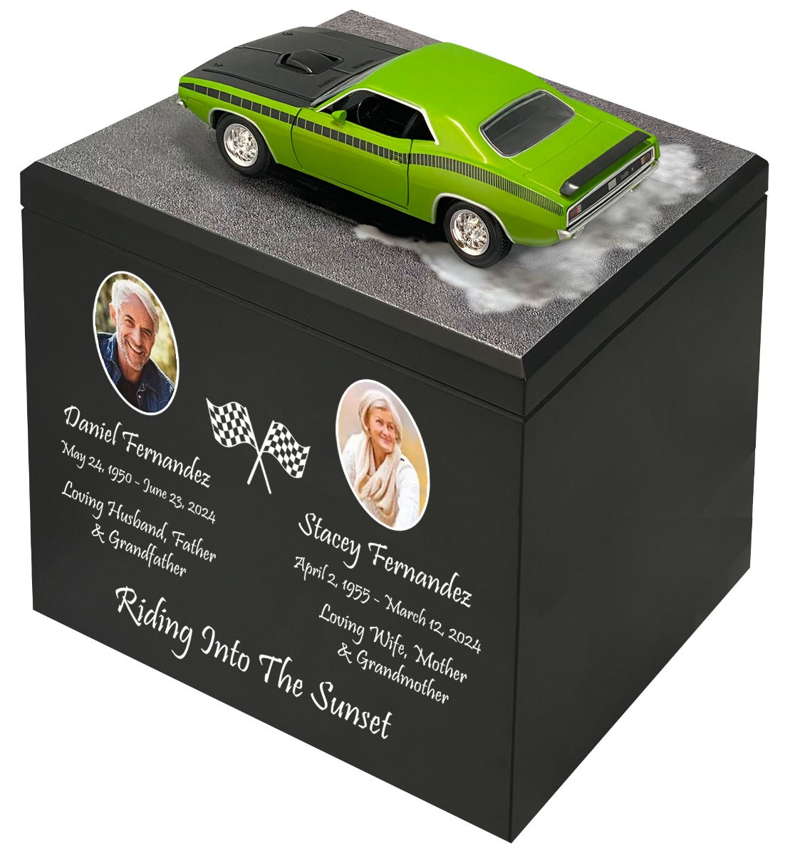 Race Track Companion Cremation Urn & 1970 Plymouth Cuda Décor - With Photos