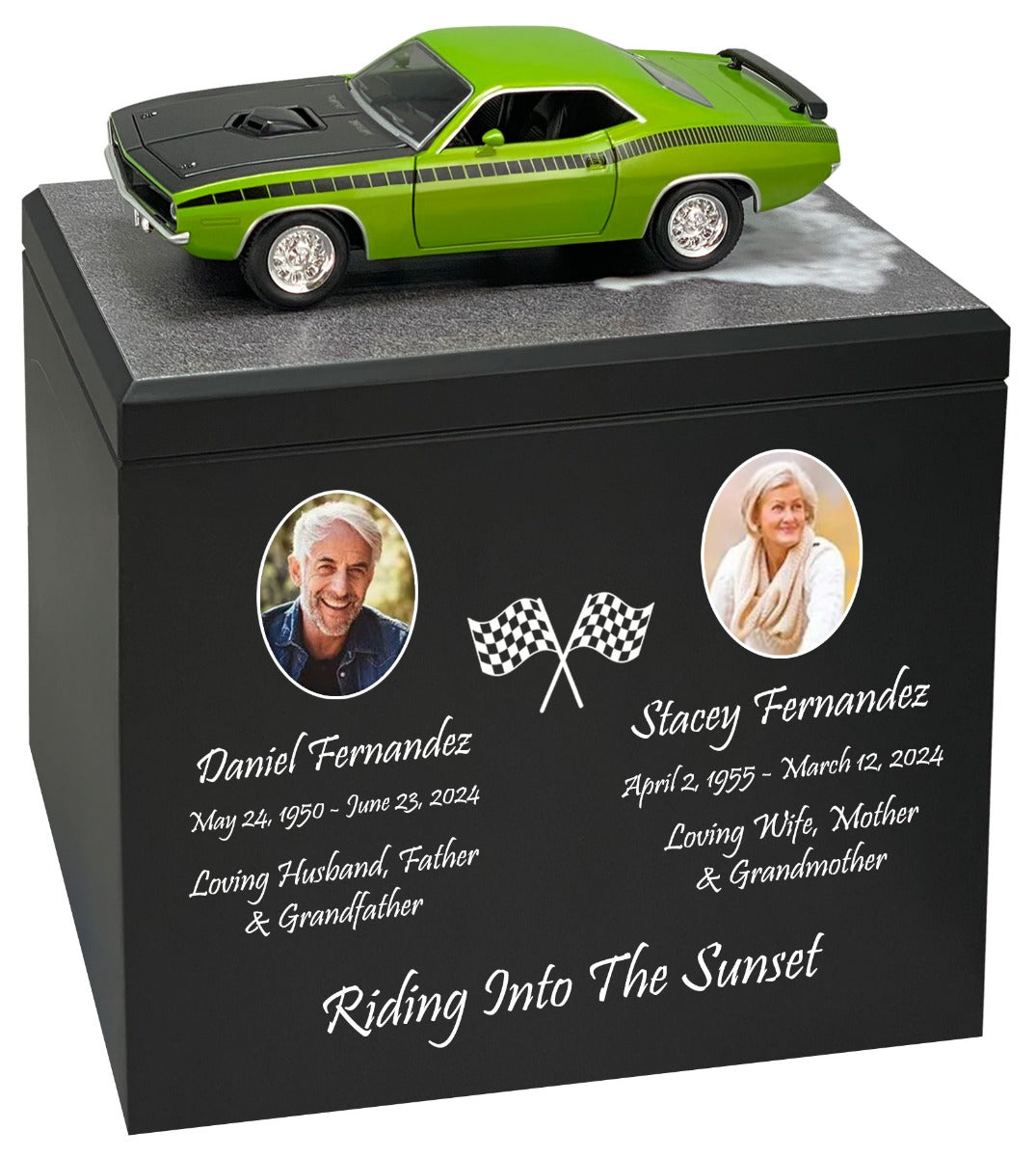 Race Track Companion Cremation Urn & 1970 Plymouth Cuda Décor - With Photos