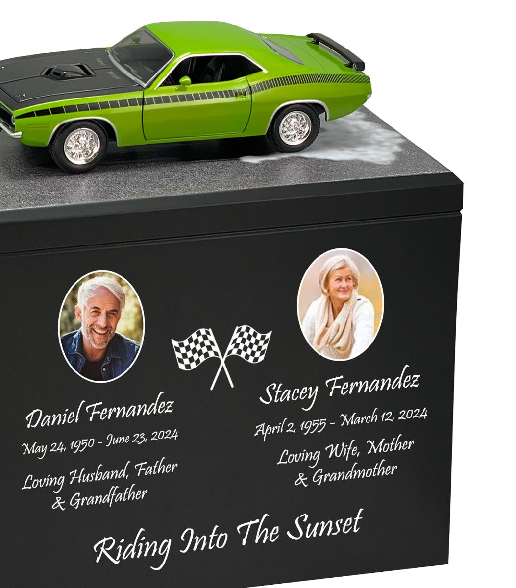 Race Track Companion Cremation Urn & 1970 Plymouth Cuda Décor - With Photos