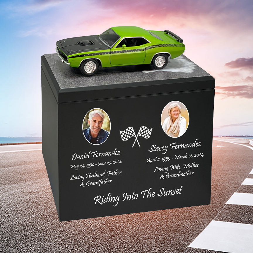 Race Track Companion Cremation Urn & 1970 Plymouth Cuda Décor - With Photos
