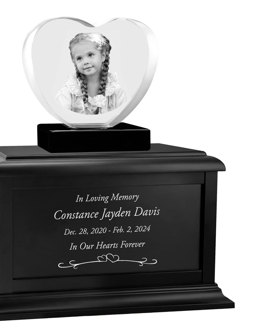 Child Memorial Heart 3D Crystal Black Wood Urn Set