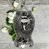 Royal Black Marble Urn - Medallion Name Plate & Photo Option