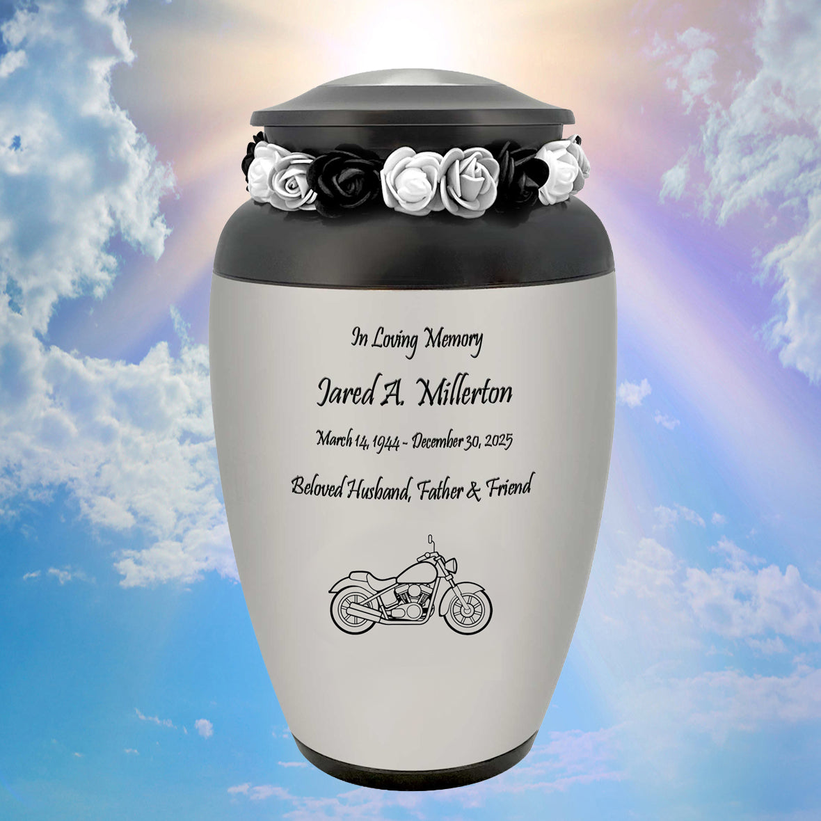 Motorcycle Pewter Adult Cremation Urn - Tribute Wreath™ - Pro Personalization - Burial Vault Option