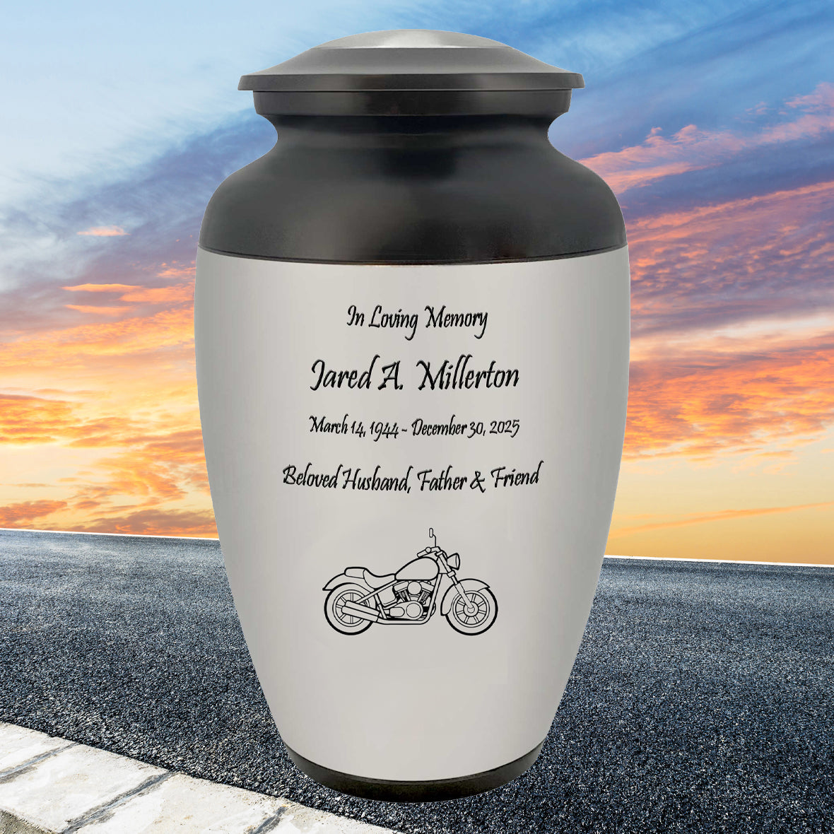 Motorcycle Pewter Adult Cremation Urn - Tribute Wreath™ - Pro Personalization - Burial Vault Option