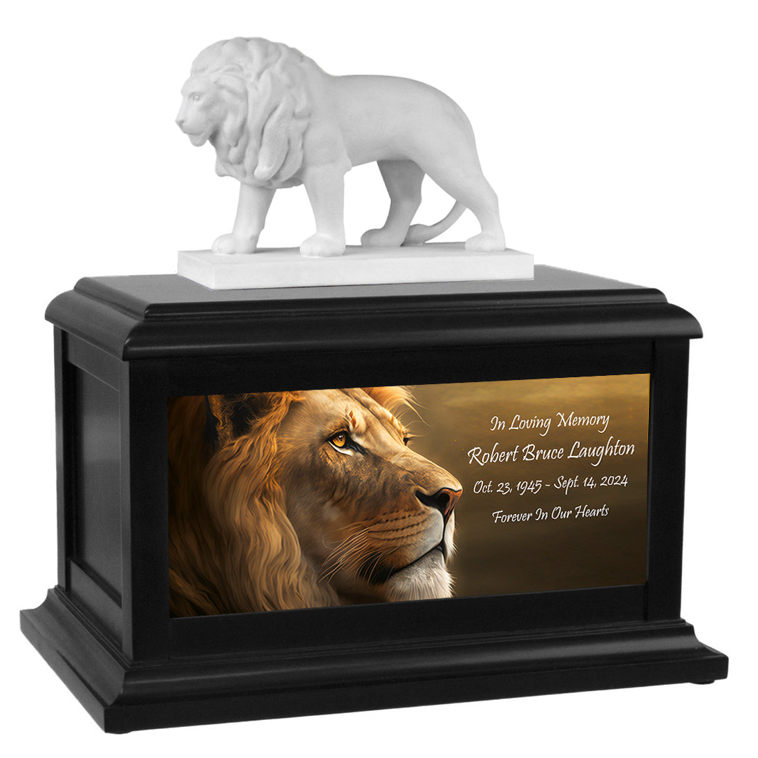 
Lion's  Strength African Lion Wood Cremation Urn - Choose Black or Wood Finish
  