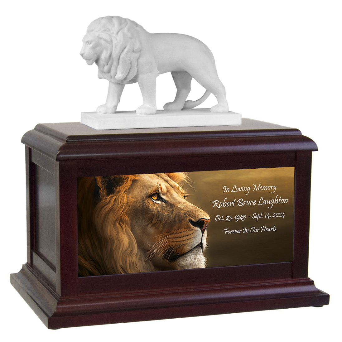 Lion's  Strength African Lion Wood Cremation Urn - Choose Black or Wood Finish