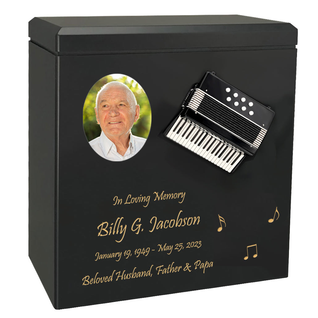 Accordion Wood Adult Cremation Urn - Black or Burgundy Miniature Accordion - Photo Option