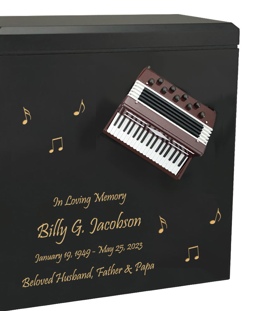 Accordion Wood Adult Cremation Urn - Black or Burgundy Miniature Accordion - Photo Option