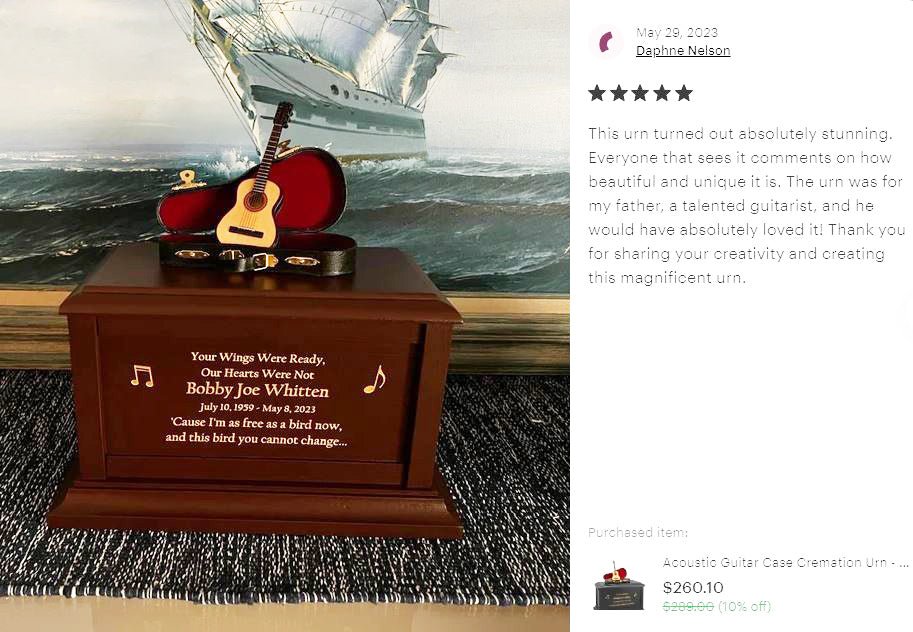 Acoustic Guitar Case Cremation Urn - Adult Wood and Miniature Instrument Urn