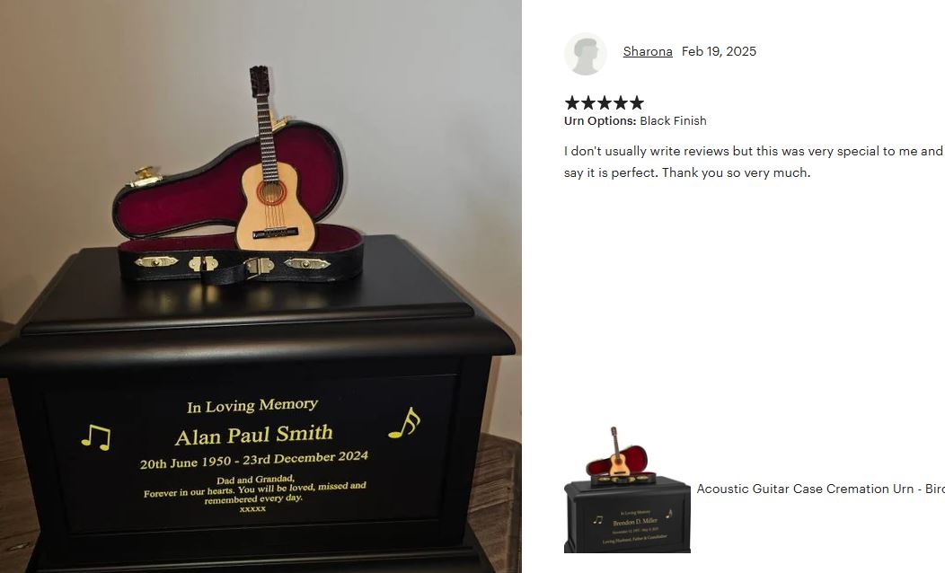 Acoustic Guitar Case Cremation Urn - Adult Wood and Miniature Instrument Urn