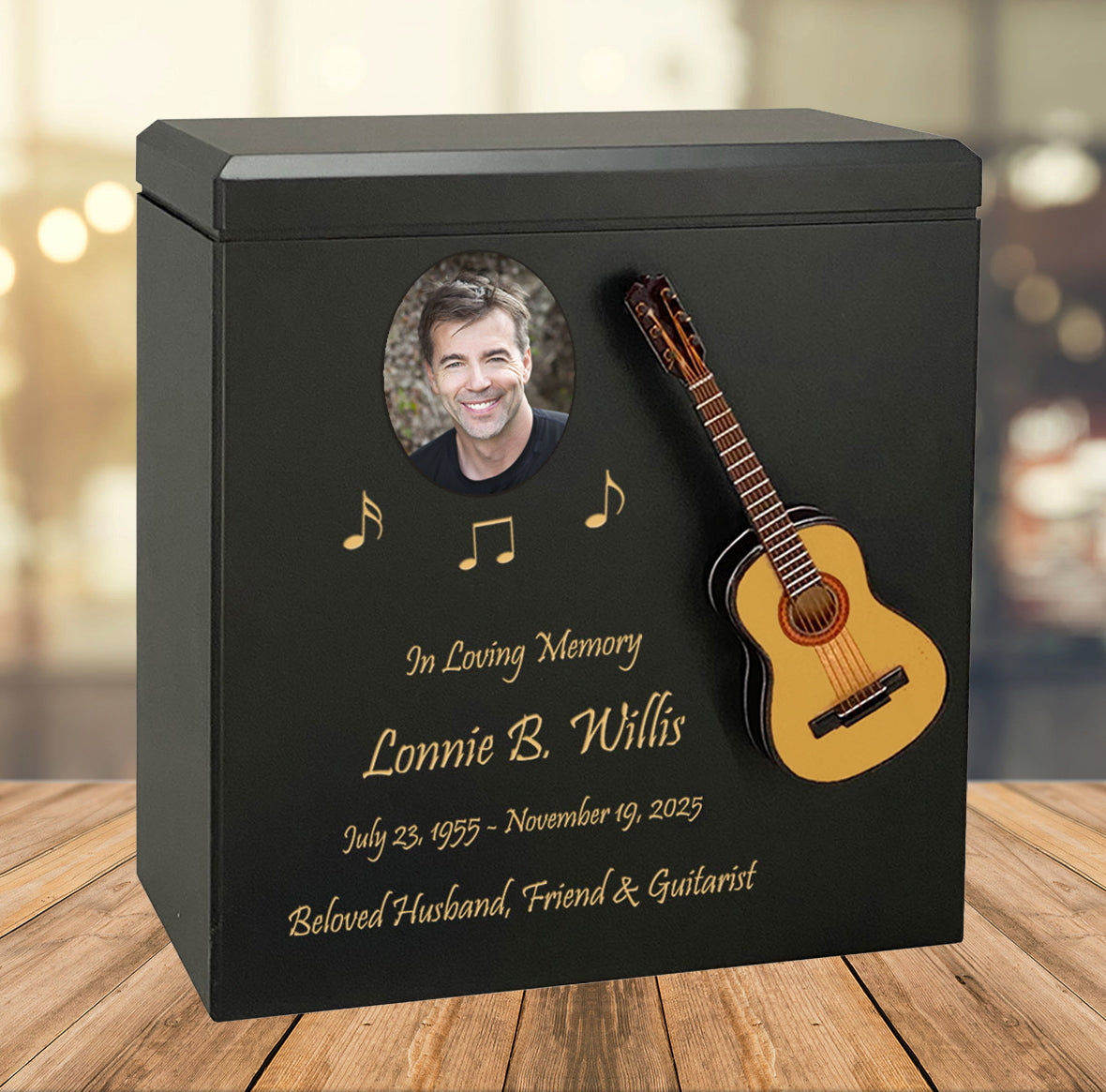 Acoustic Guitar Wood Adult Cremation Urn - Miniature Guitar - Photo Option