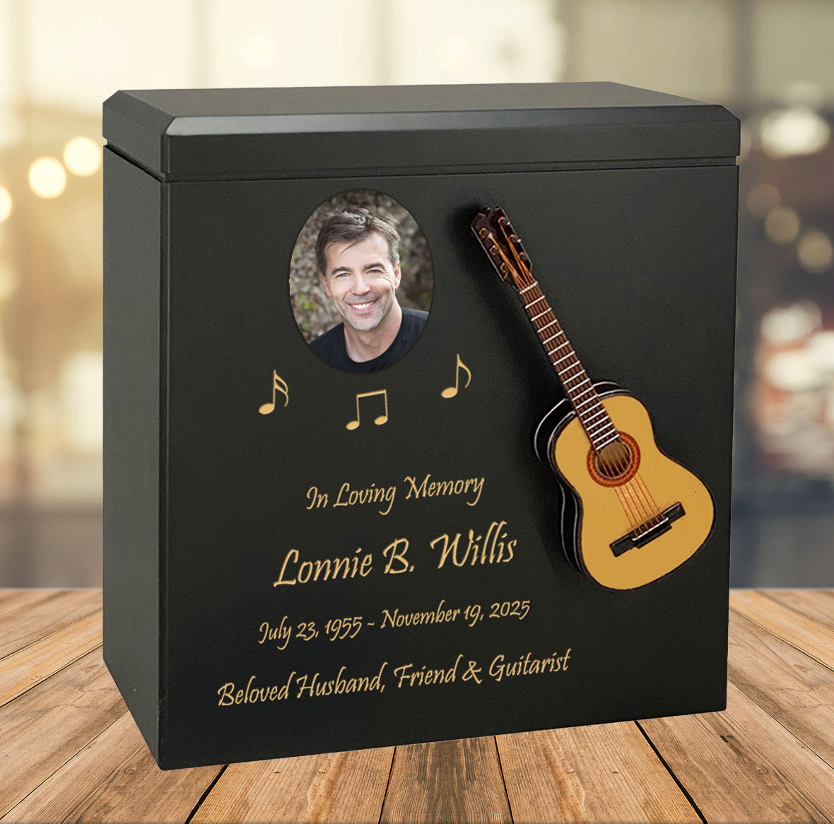 Acoustic Guitar Wood Adult Cremation Urn - Miniature Guitar - Photo Option