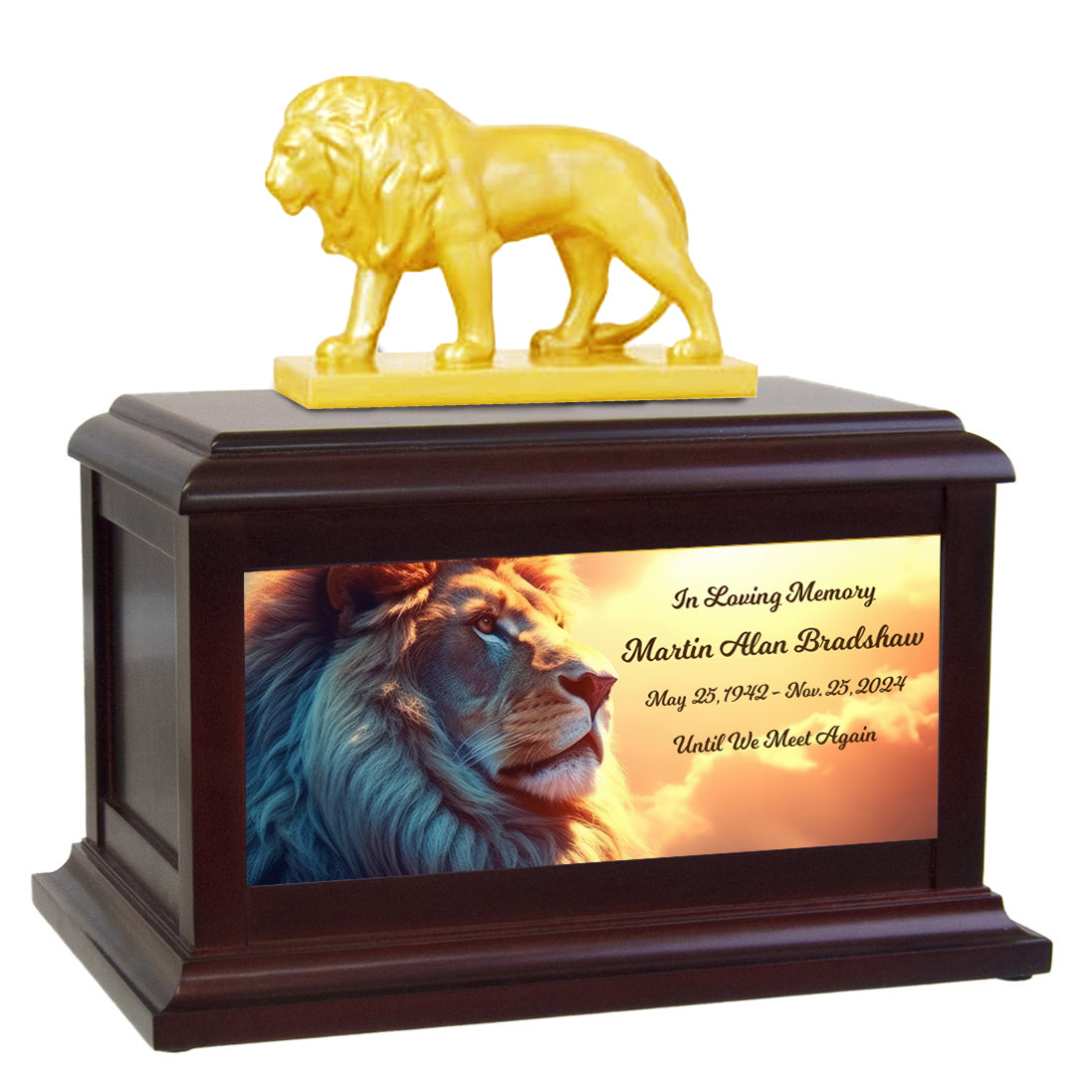 King of the Pride African Lion Wood Cremation Urn - Choose Black or Wood Finish