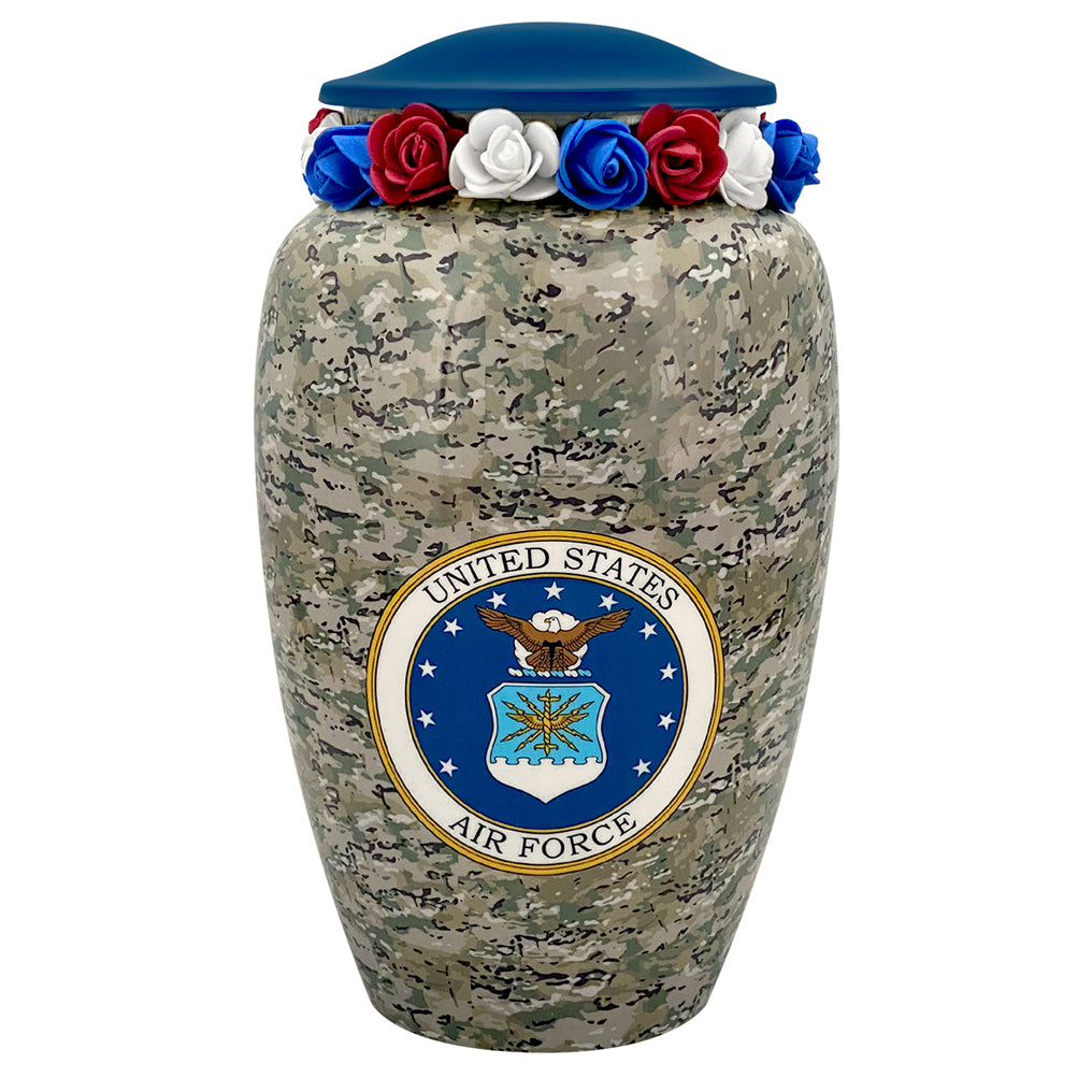 US Air Force Camouflage Cremation Urn - Tribute Wreath™ Option - Pro Sand Carved Engraving